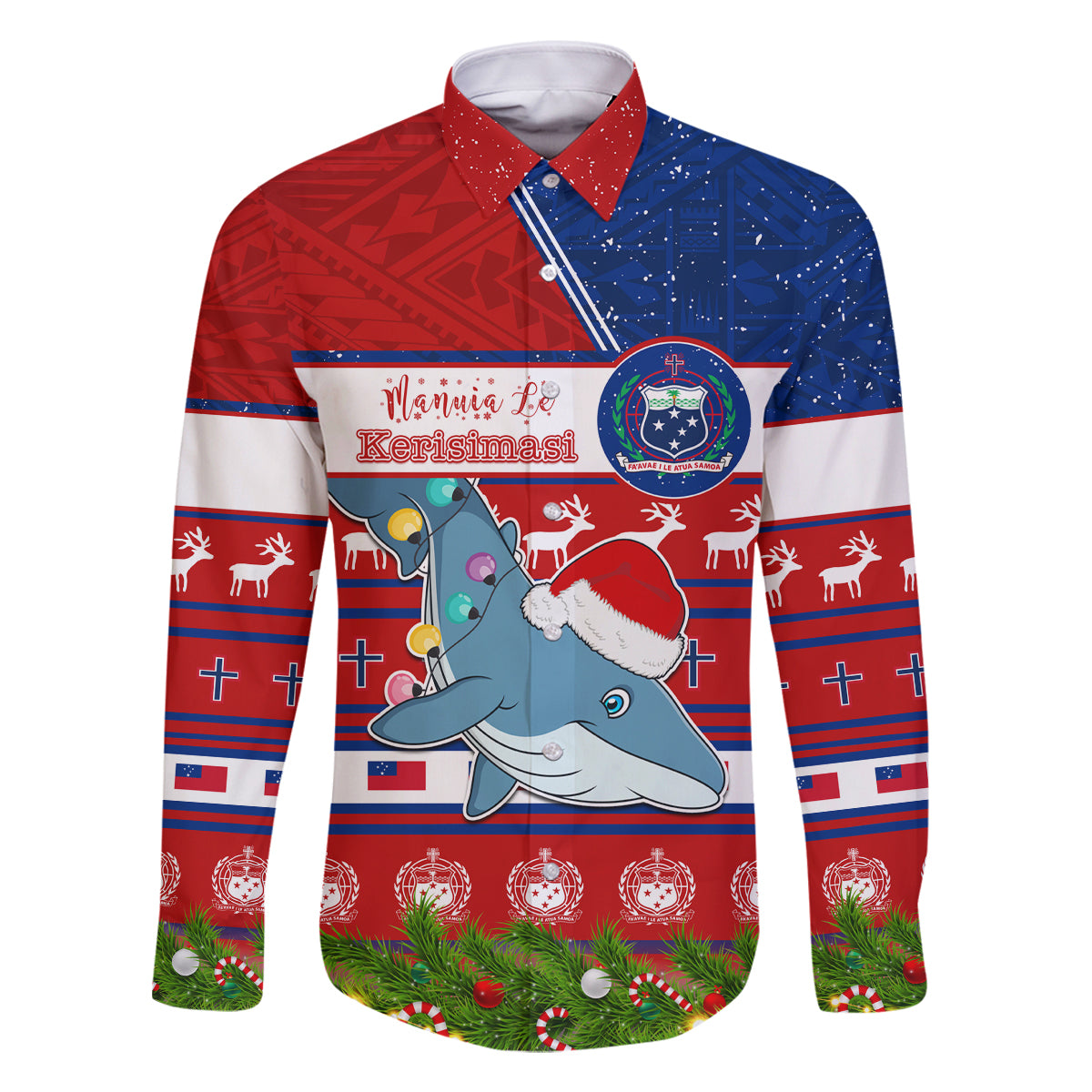 Personalized Samoa Christmas Family Matching Off Shoulder Short Dress and Hawaiian Shirt Santas Whale Manuia Le Kerisimasi LT05 Dad's Shirt - Long Sleeve Red - Polynesian Pride