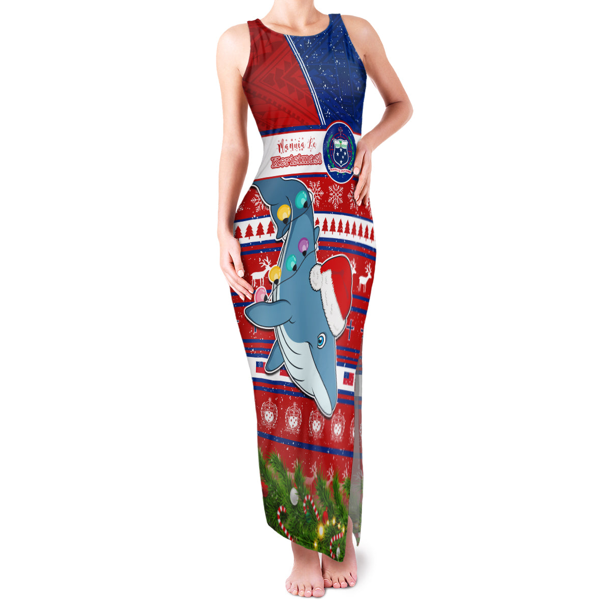 Personalized Samoa Christmas Family Matching Tank Maxi Dress and Hawaiian Shirt Santas Whale Manuia Le Kerisimasi LT05 Mom's Dress Red - Polynesian Pride