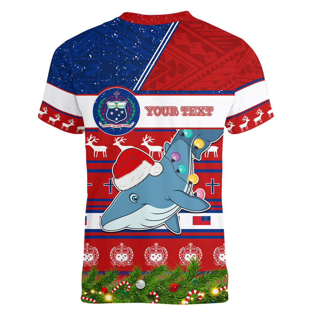 Personalized Samoa Christmas Women V Neck T Shirt Santas Whale Manuia Le Kerisimasi LT05 - Polynesian Pride