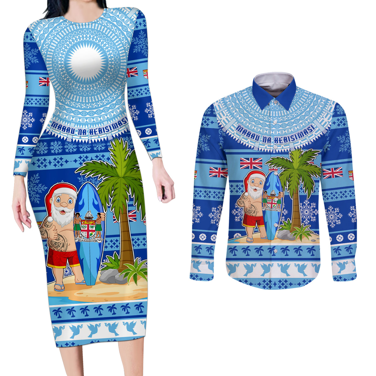 Personalized Fiji Christmas Couples Matching Long Sleeve Bodycon Dress and Long Sleeve Button Shirts Santa Claus Surf Marau Na Kerisimasi LT05 Blue - Polynesian Pride