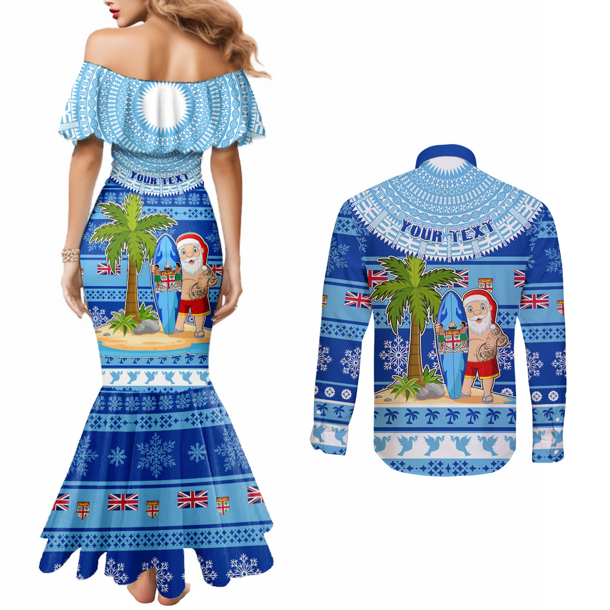 Personalized Fiji Christmas Couples Matching Mermaid Dress and Long Sleeve Button Shirts Santa Claus Surf Marau Na Kerisimasi LT05 - Polynesian Pride