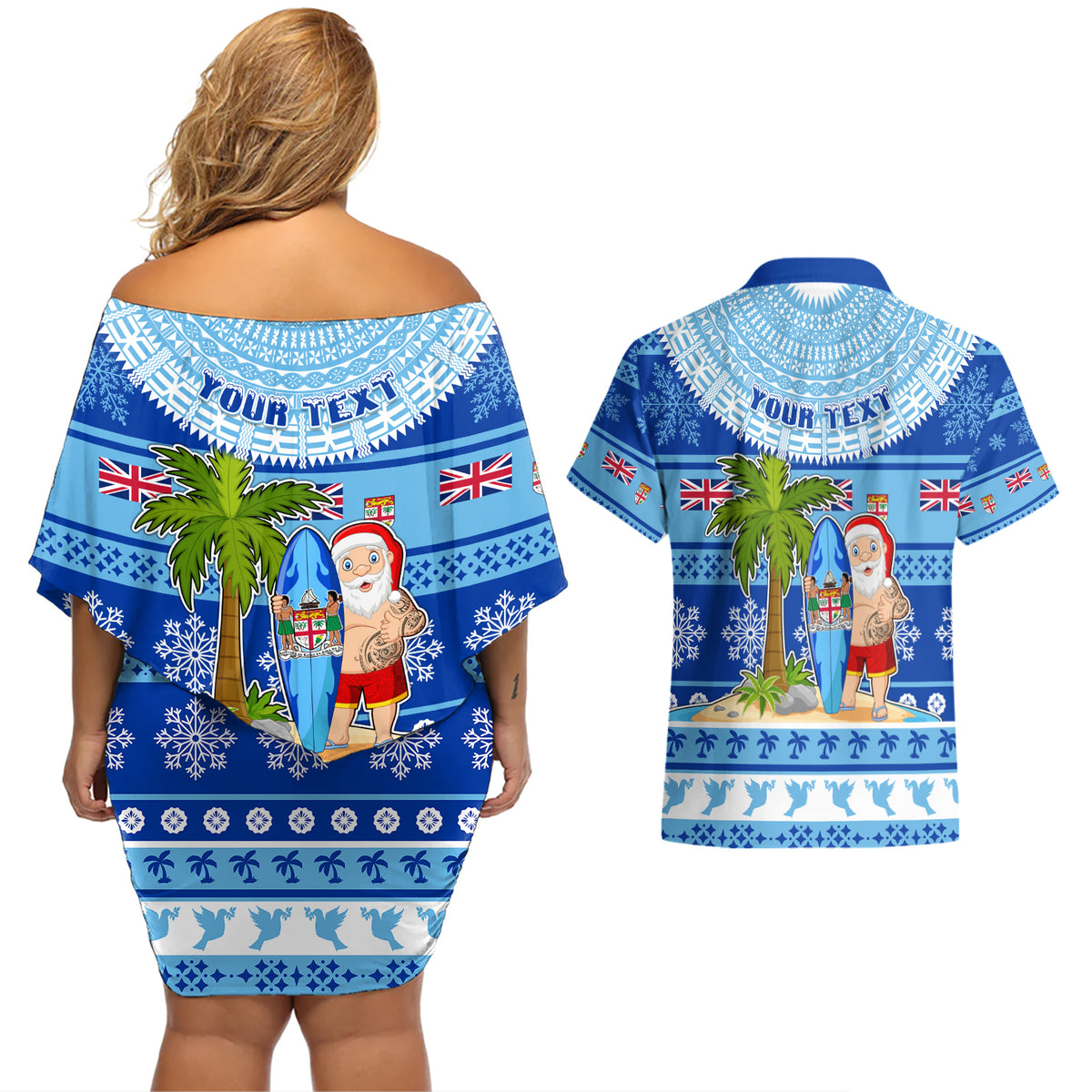 Personalized Fiji Christmas Couples Matching Off Shoulder Short Dress and Hawaiian Shirt Santa Claus Surf Marau Na Kerisimasi LT05 - Polynesian Pride