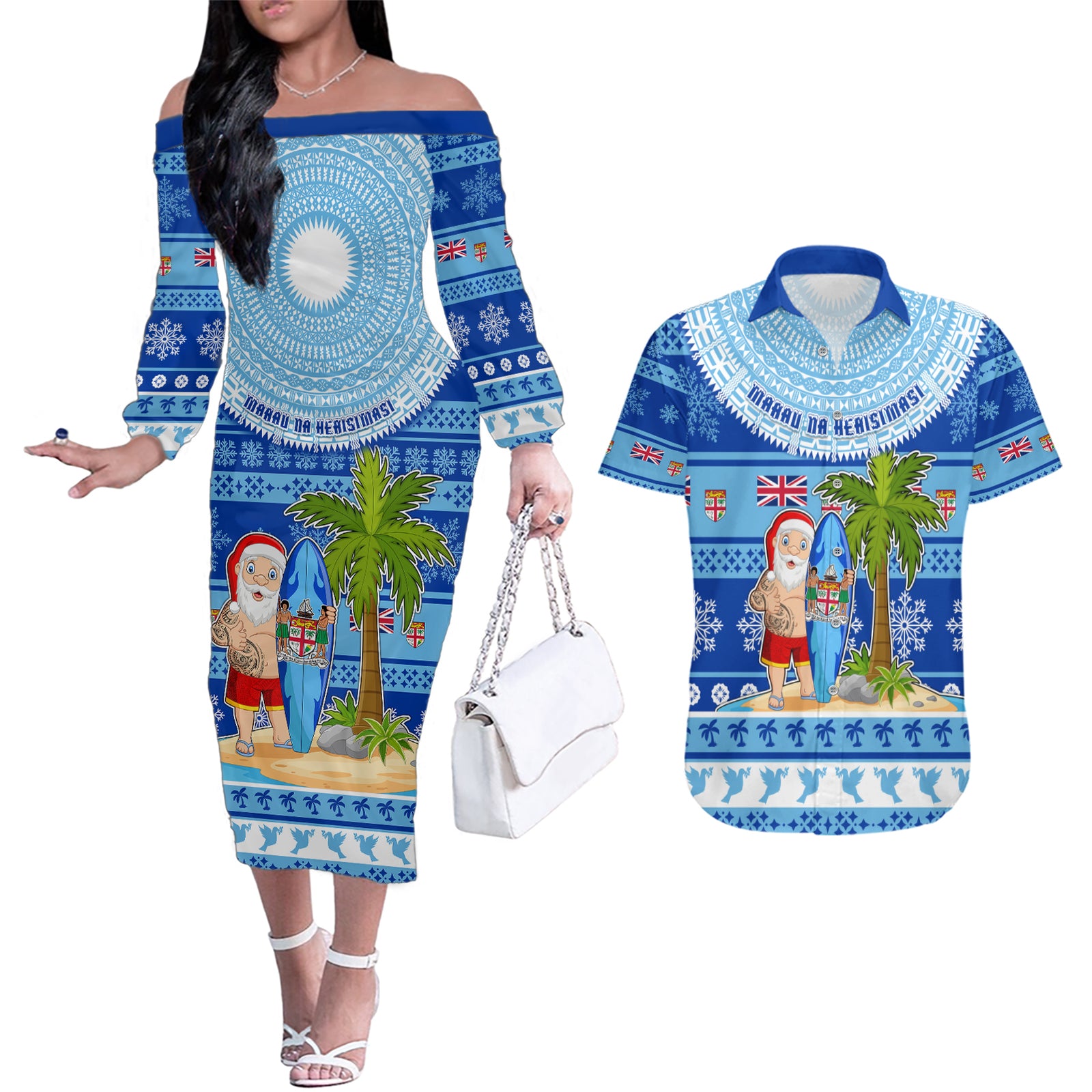Personalized Fiji Christmas Couples Matching Off The Shoulder Long Sleeve Dress and Hawaiian Shirt Santa Claus Surf Marau Na Kerisimasi LT05 Blue - Polynesian Pride