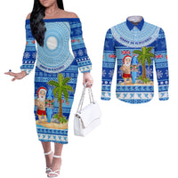 Personalized Fiji Christmas Couples Matching Off The Shoulder Long Sleeve Dress and Long Sleeve Button Shirts Santa Claus Surf Marau Na Kerisimasi LT05 Blue - Polynesian Pride