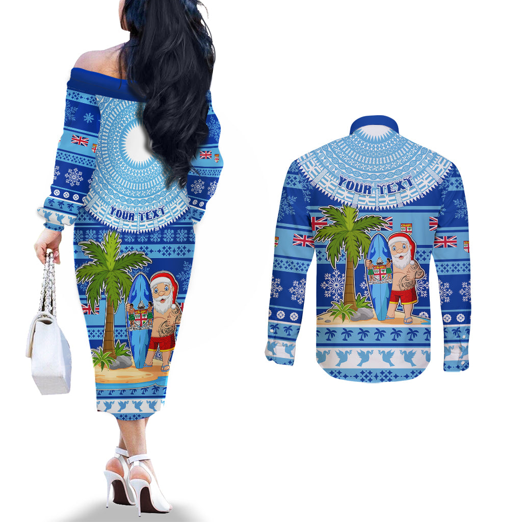 Personalized Fiji Christmas Couples Matching Off The Shoulder Long Sleeve Dress and Long Sleeve Button Shirts Santa Claus Surf Marau Na Kerisimasi LT05 - Polynesian Pride
