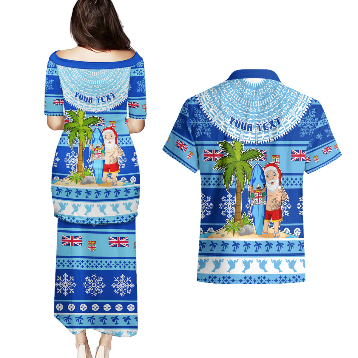 Personalized Fiji Christmas Couples Matching Puletasi Dress and Hawaiian Shirt Santa Claus Surf Marau Na Kerisimasi LT05 - Polynesian Pride