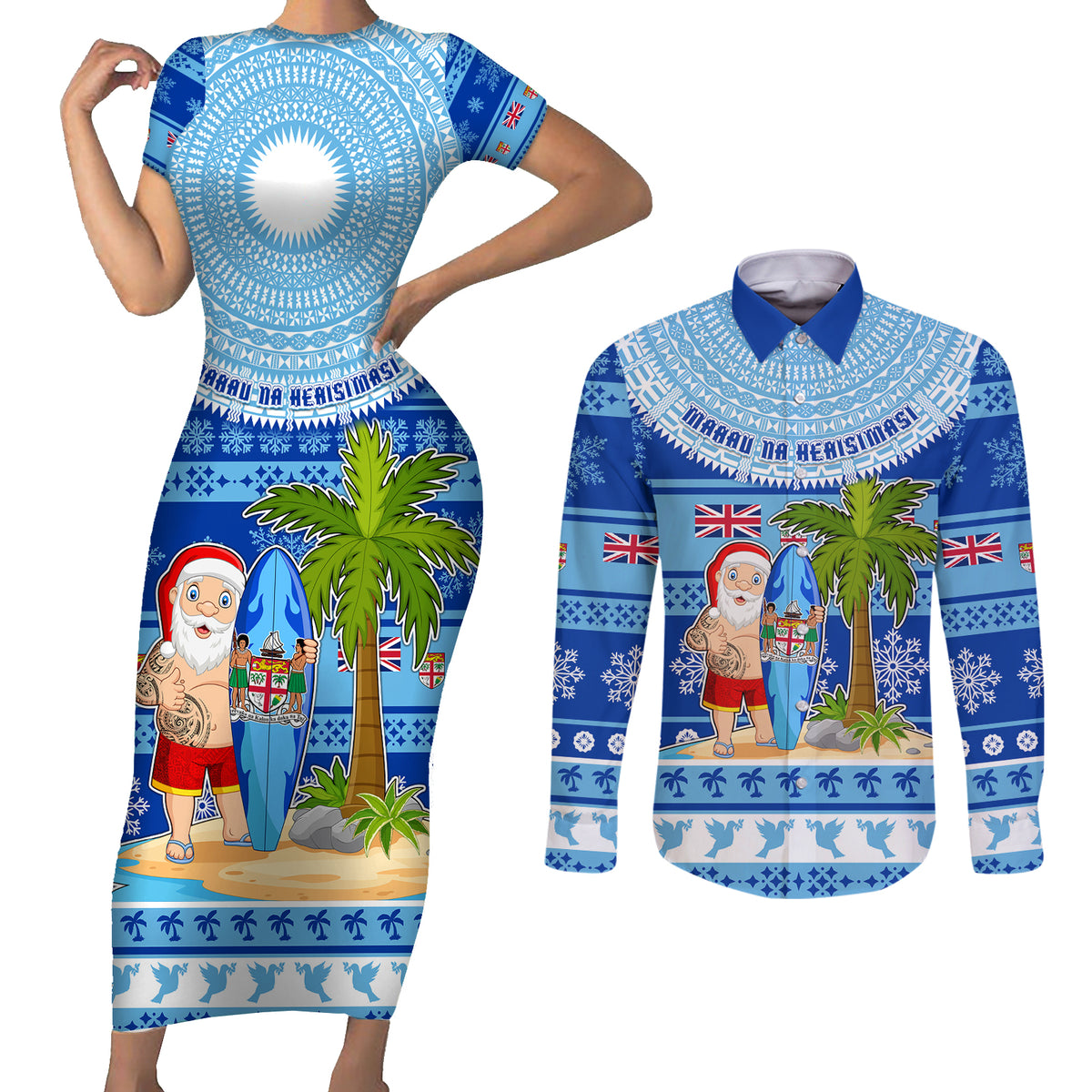 Personalized Fiji Christmas Couples Matching Short Sleeve Bodycon Dress and Long Sleeve Button Shirts Santa Claus Surf Marau Na Kerisimasi LT05 Blue - Polynesian Pride