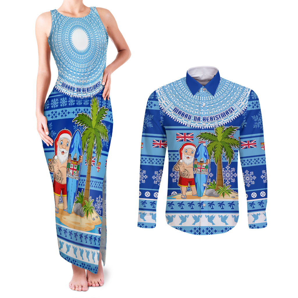 Personalized Fiji Christmas Couples Matching Tank Maxi Dress and Long Sleeve Button Shirts Santa Claus Surf Marau Na Kerisimasi LT05 Blue - Polynesian Pride