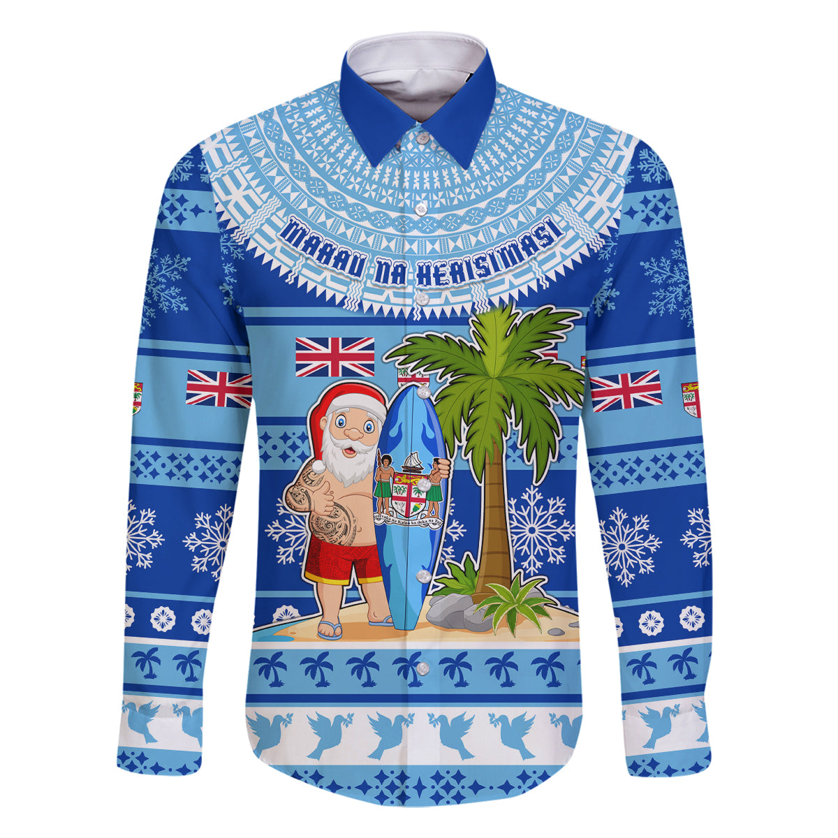 Personalized Fiji Christmas Family Matching Long Sleeve Bodycon Dress and Hawaiian Shirt Santa Claus Surf Marau Na Kerisimasi LT05 Dad's Shirt - Long Sleeve Blue - Polynesian Pride