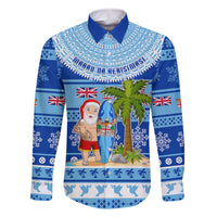 Personalized Fiji Christmas Family Matching Mermaid Dress and Hawaiian Shirt Santa Claus Surf Marau Na Kerisimasi LT05 Dad's Shirt - Long Sleeve Blue - Polynesian Pride
