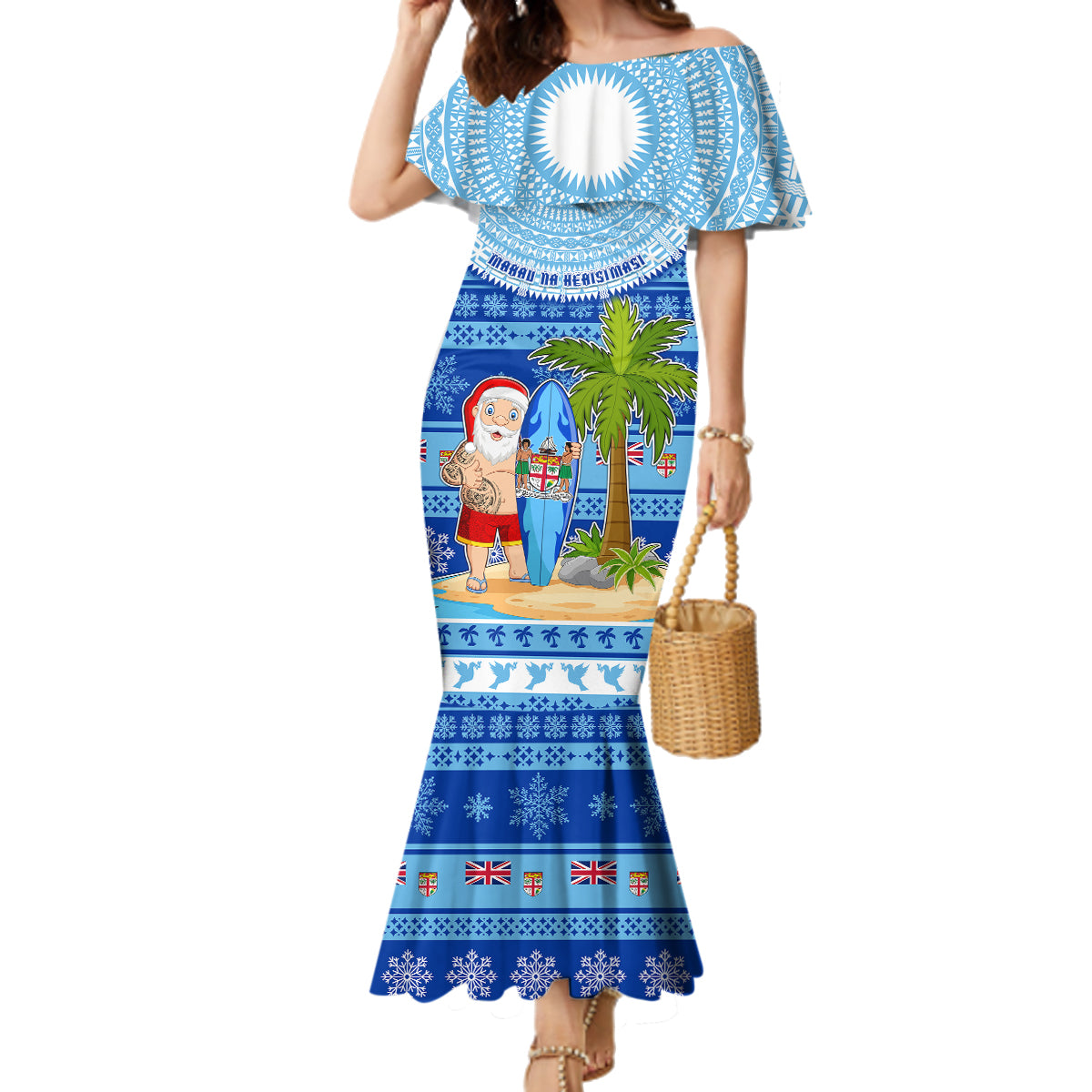 Personalized Fiji Christmas Family Matching Mermaid Dress and Hawaiian Shirt Santa Claus Surf Marau Na Kerisimasi LT05 Mom's Dress Blue - Polynesian Pride