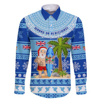 Personalized Fiji Christmas Family Matching Short Sleeve Bodycon Dress and Hawaiian Shirt Santa Claus Surf Marau Na Kerisimasi LT05 Dad's Shirt - Long Sleeve Blue - Polynesian Pride