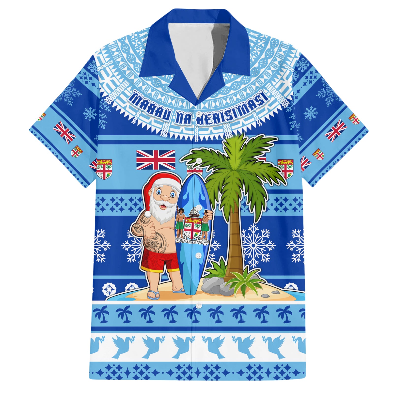 Personalized Fiji Christmas Hawaiian Shirt Santa Claus Surf Marau Na Kerisimasi LT05 Blue - Polynesian Pride