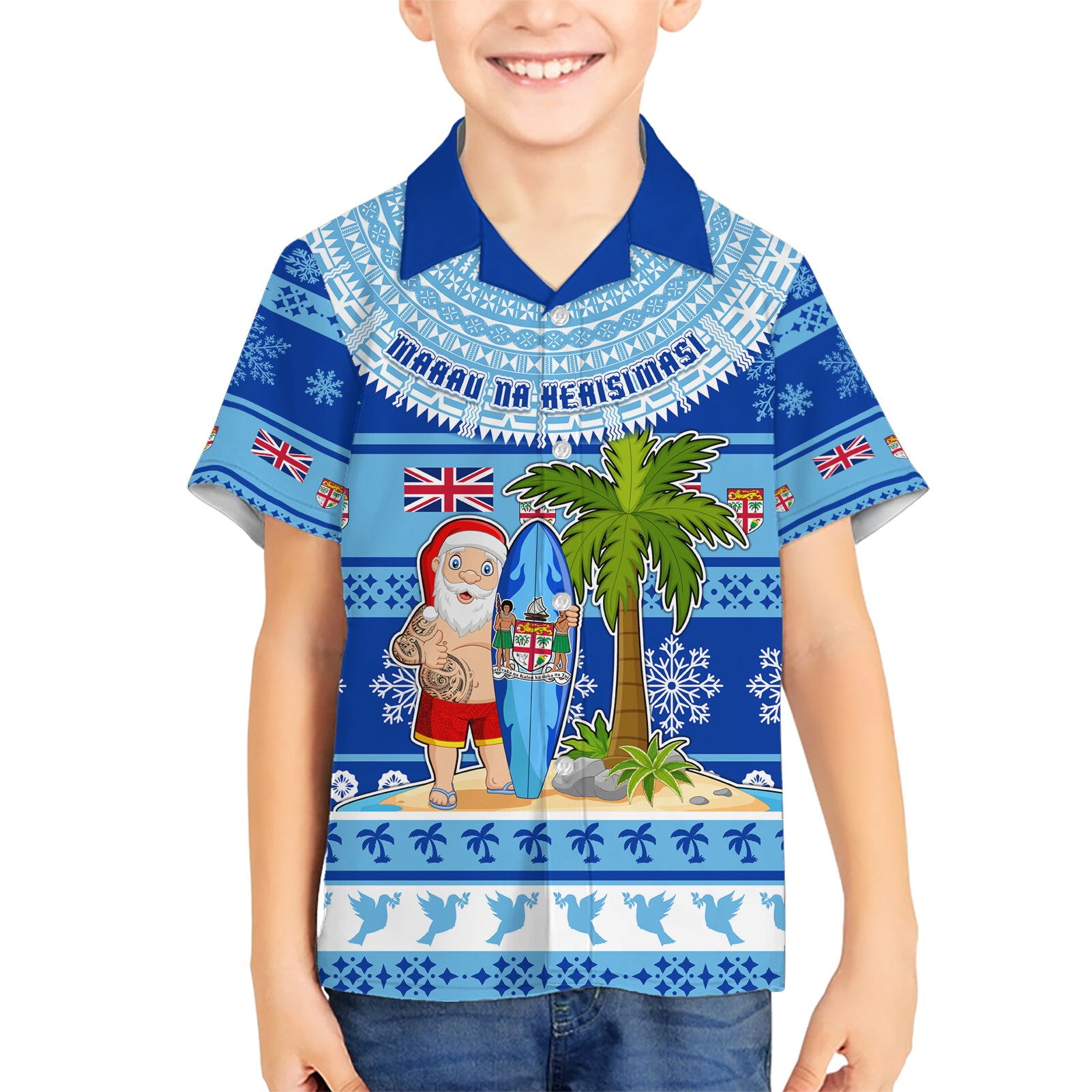 Personalized Fiji Christmas Kid Hawaiian Shirt Santa Claus Surf Marau Na Kerisimasi LT05 Kid Blue - Polynesian Pride