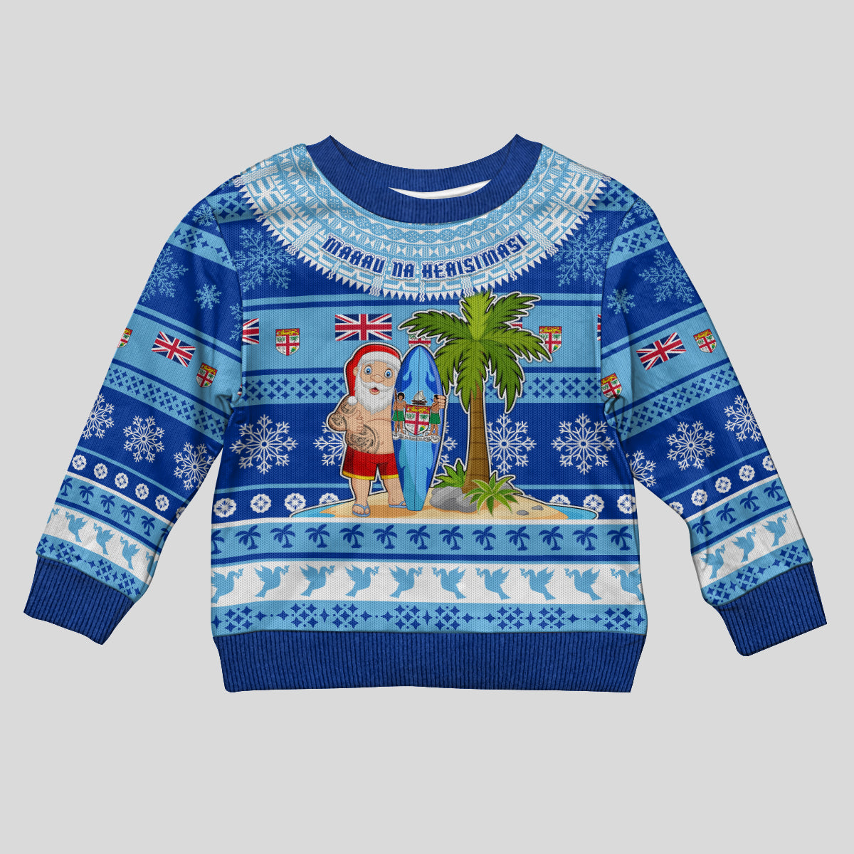 Personalised Fiji Christmas Kid Ugly Christmas Sweater Santa Claus Surf Marau Na Kerisimasi LT05 Kid Blue - Polynesian Pride