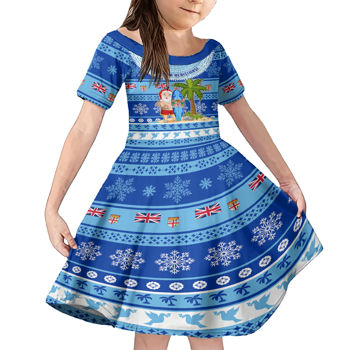 Personalized Fiji Christmas Kid Short Sleeve Dress Santa Claus Surf Marau Na Kerisimasi LT05 KID Blue - Polynesian Pride