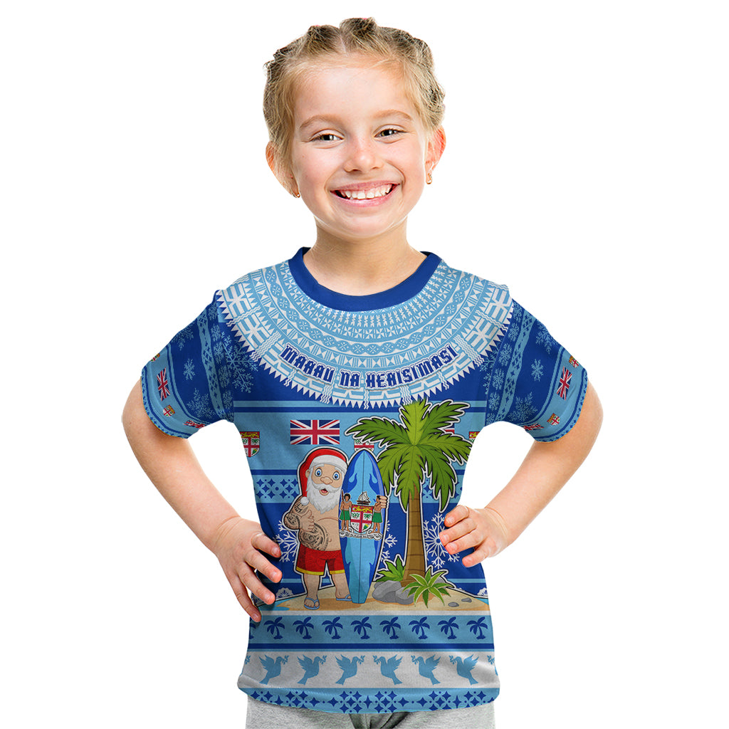 Personalized Fiji Christmas Kid T Shirt Santa Claus Surf Marau Na Kerisimasi LT05 Blue - Polynesian Pride