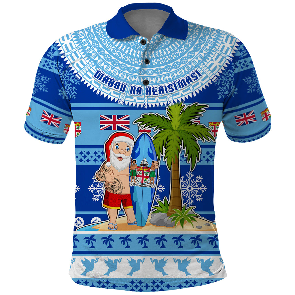 Personalized Fiji Christmas Polo Shirt Santa Claus Surf Marau Na Kerisimasi LT05 Blue - Polynesian Pride