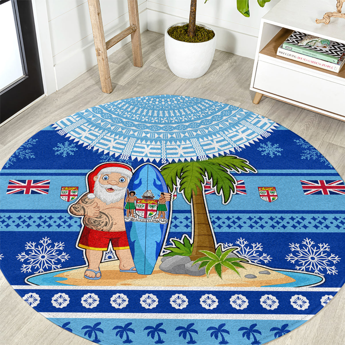 Fiji Christmas Round Carpet Santa Claus Surf Marau Na Kerisimasi LT05 Blue - Polynesian Pride