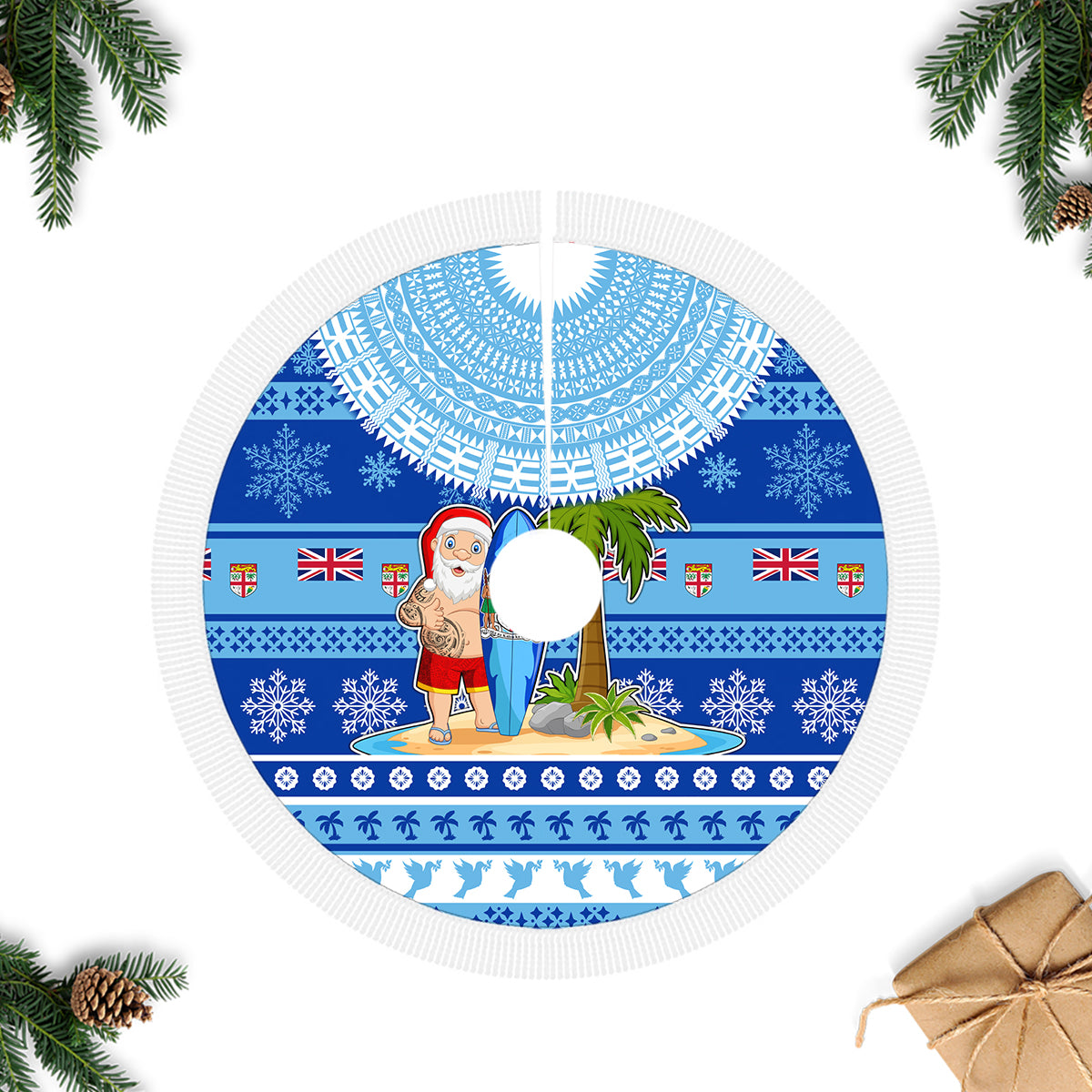 Fiji Christmas Tree Skirt Santa Claus Surf Marau Na Kerisimasi LT05 Fringed Tree Skirts Blue - Polynesian Pride