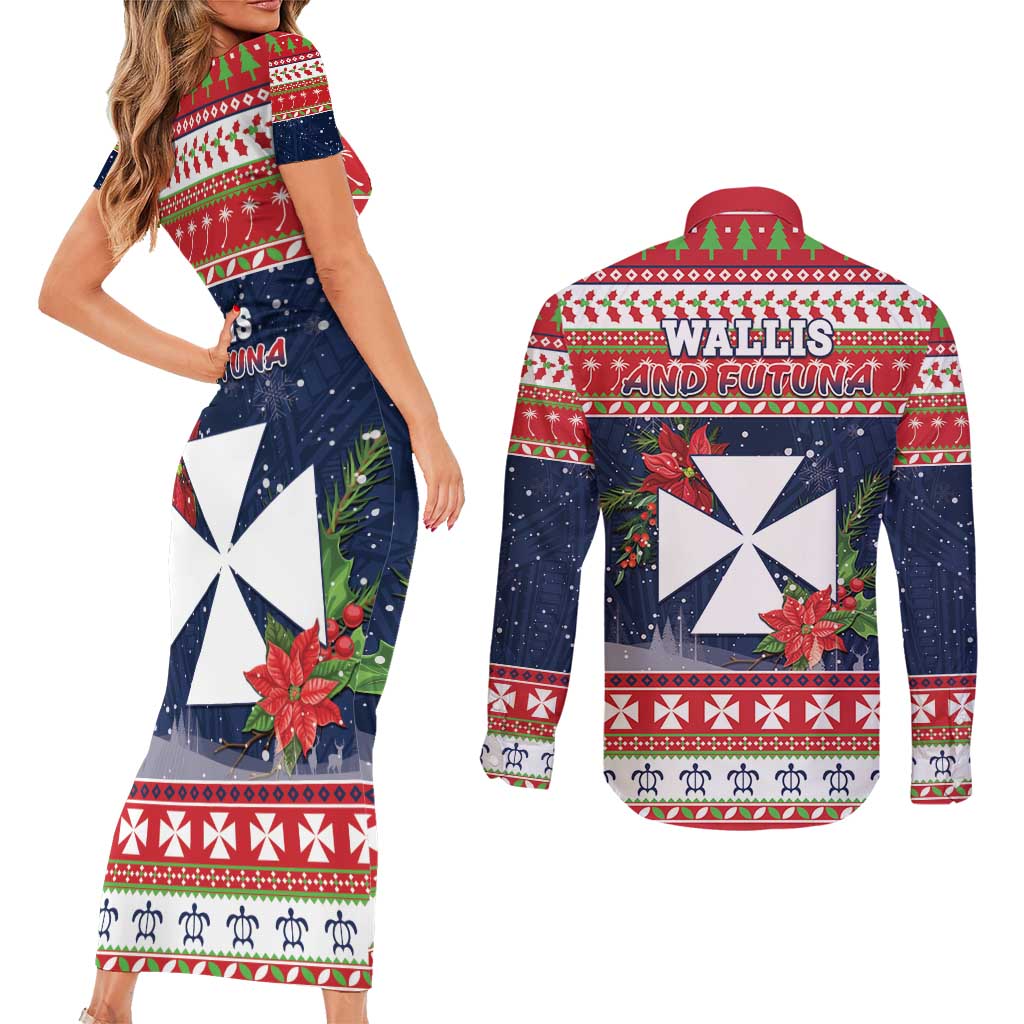 Wallis and Futuna Christmas Couples Matching Short Sleeve Bodycon Dress and Long Sleeve Button Shirt Poinsettia Joyeux Noel