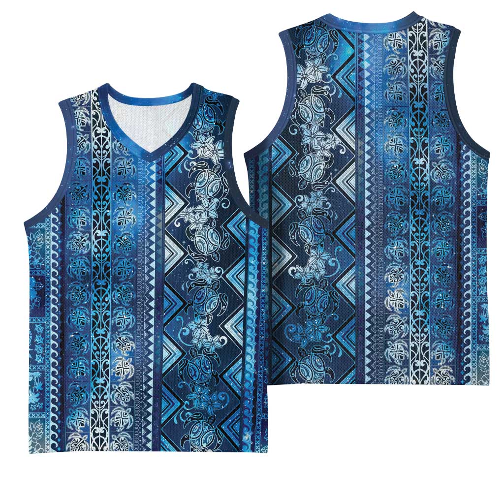 Hawaii Makahiki Turtle Basketball Jersey Galaxy Tapa Pattern - Polynesian Pride