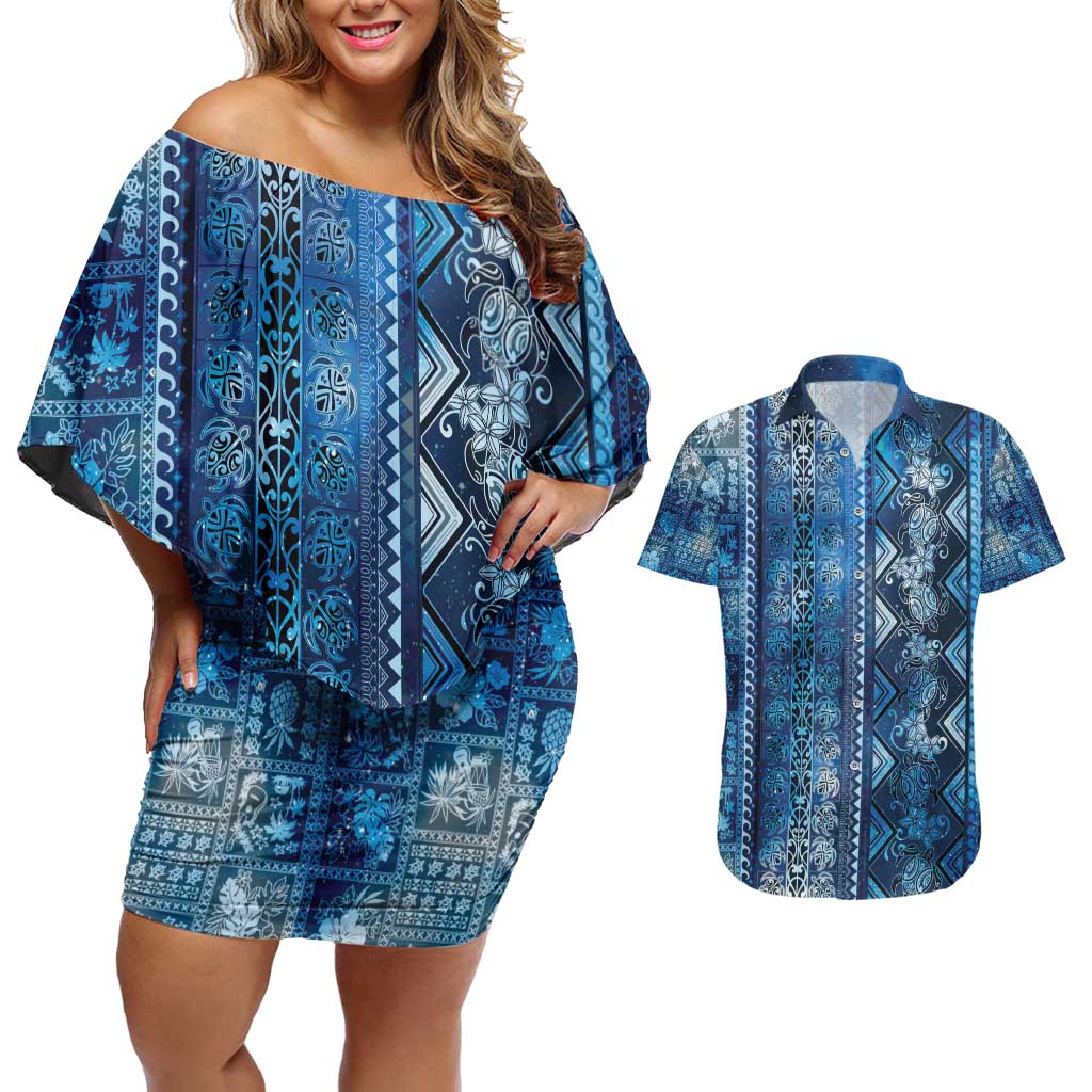 Hawaii Makahiki Turtle Couples Matching Off Shoulder Short Dress and Hawaiian Shirt Galaxy Tapa Pattern - Polynesian Pride