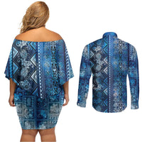 Hawaii Makahiki Turtle Couples Matching Off Shoulder Short Dress and Long Sleeve Button Shirt Galaxy Tapa Pattern - Polynesian Pride