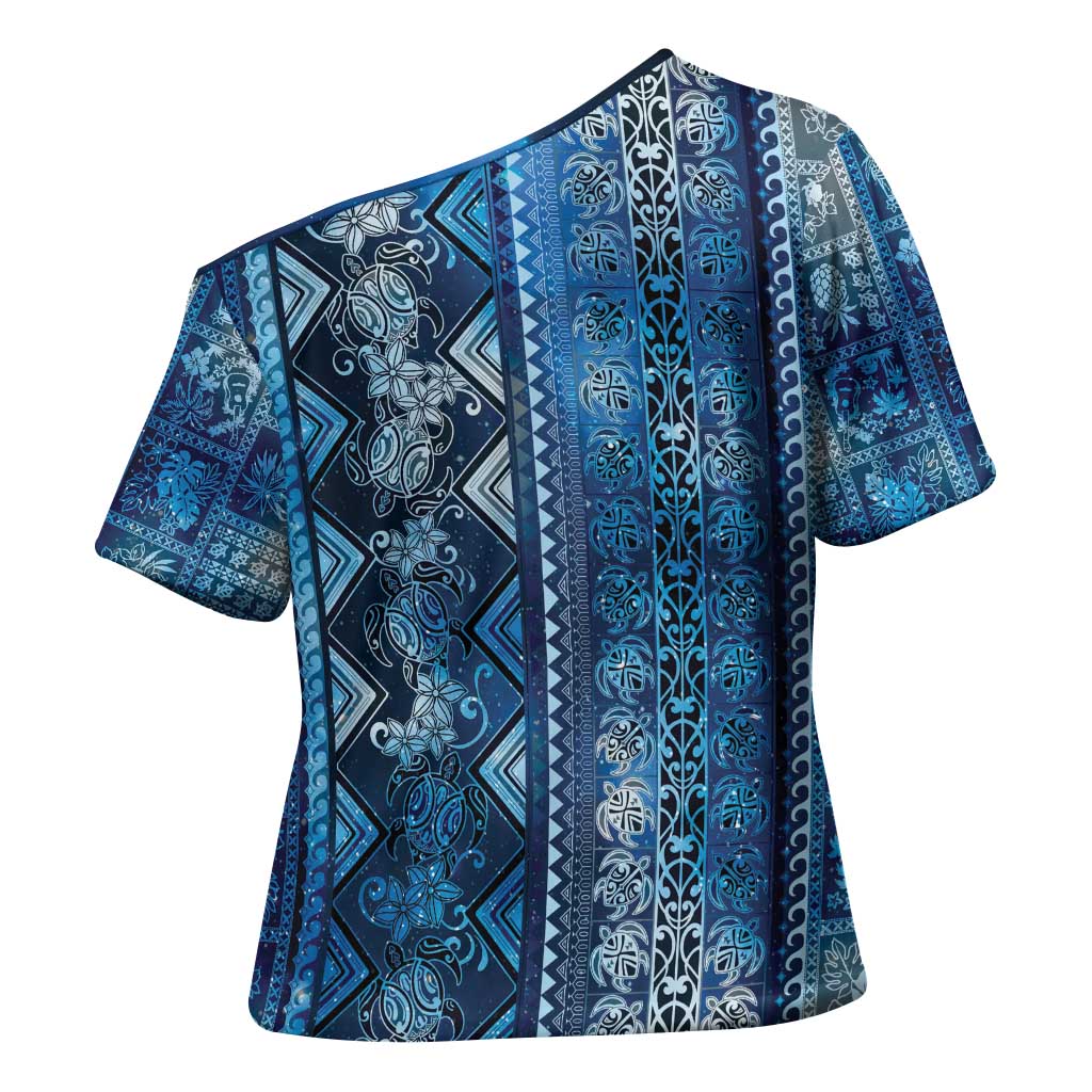 Hawaii Makahiki Turtle Cross Shoulder Shirt Galaxy Tapa Pattern - Polynesian Pride