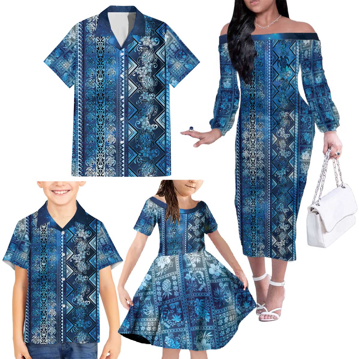 Hawaii Makahiki Turtle Family Matching Off The Shoulder Long Sleeve Dress and Hawaiian Shirt Galaxy Tapa Pattern - Polynesian Pride