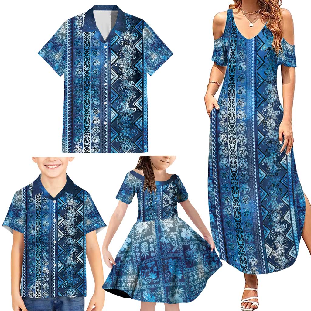 Hawaii Makahiki Turtle Family Matching Summer Maxi Dress and Hawaiian Shirt Galaxy Tapa Pattern - Polynesian Pride