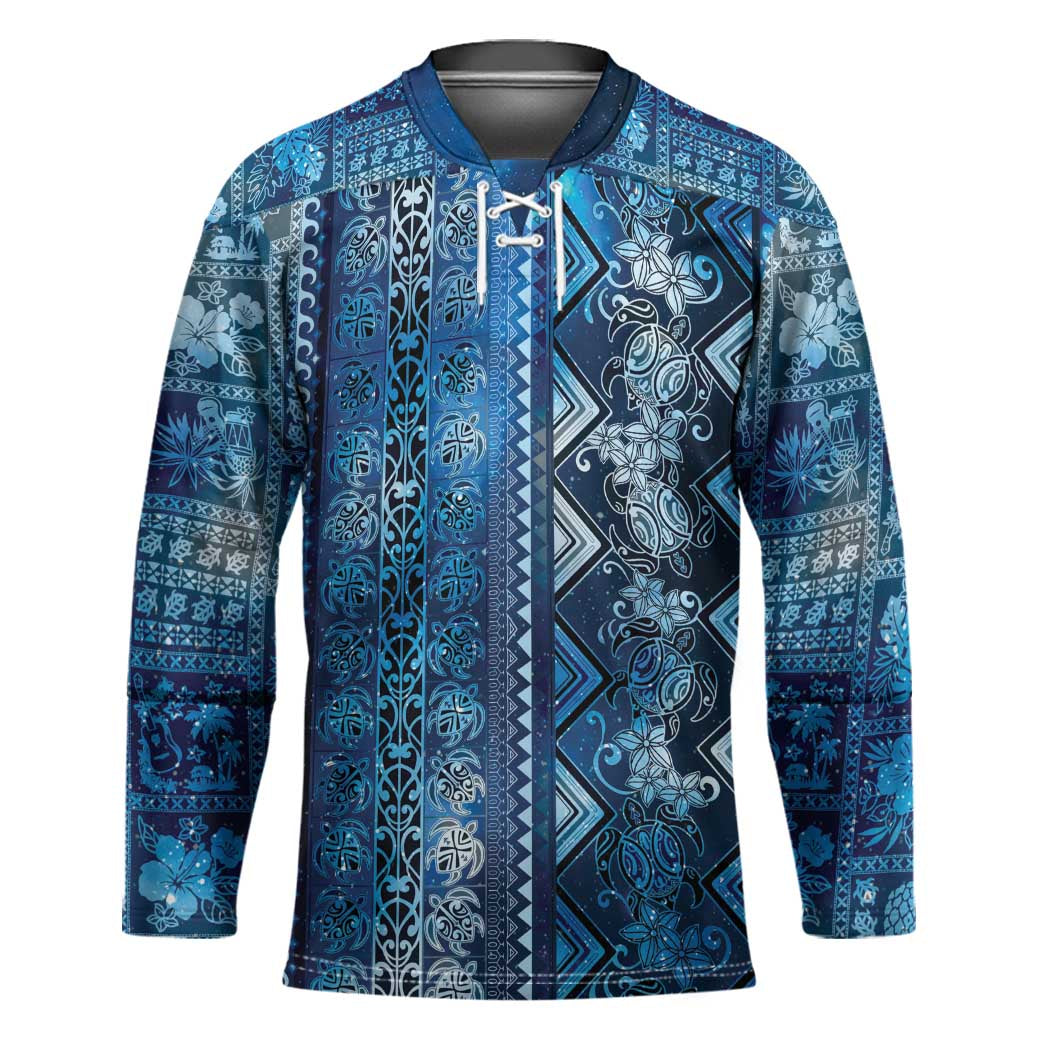 Hawaii Makahiki Turtle Hockey Jersey Galaxy Tapa Pattern - Polynesian Pride