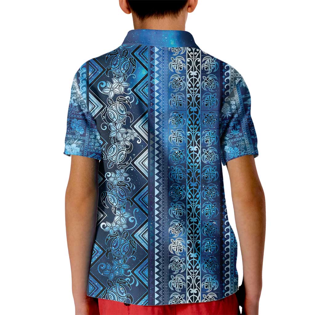 Hawaii Makahiki Turtle Kid Polo Shirt Galaxy Tapa Pattern - Polynesian Pride