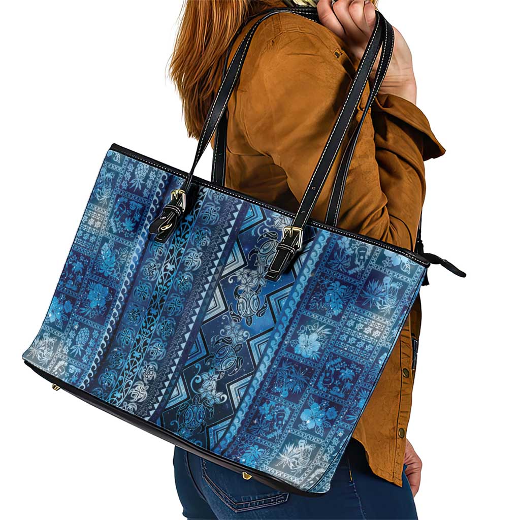 Hawaii Makahiki Turtle Leather Tote Bag Galaxy Tapa Pattern - Polynesian Pride