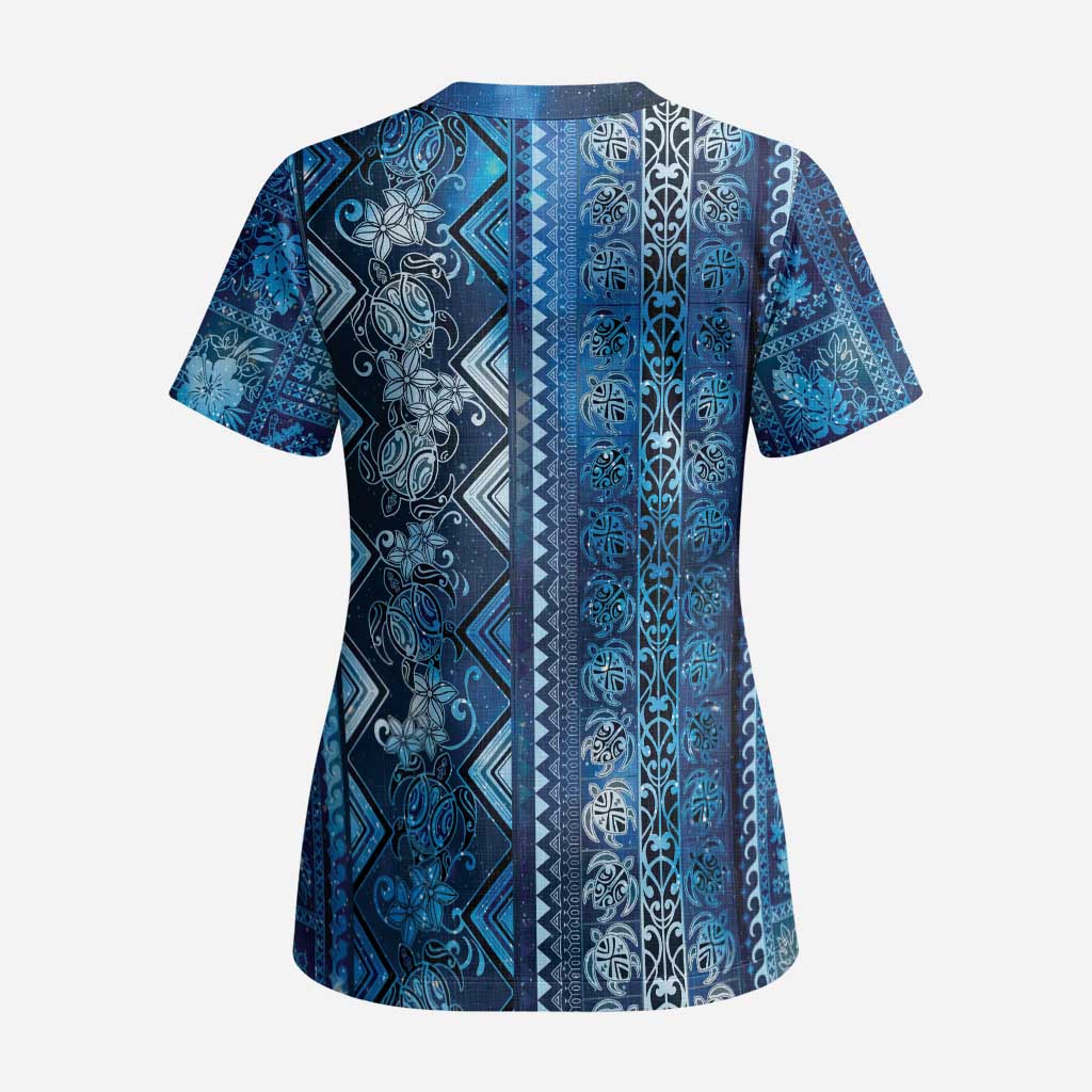 Hawaii Makahiki Turtle Scrub Top Galaxy Tapa Pattern - Polynesian Pride