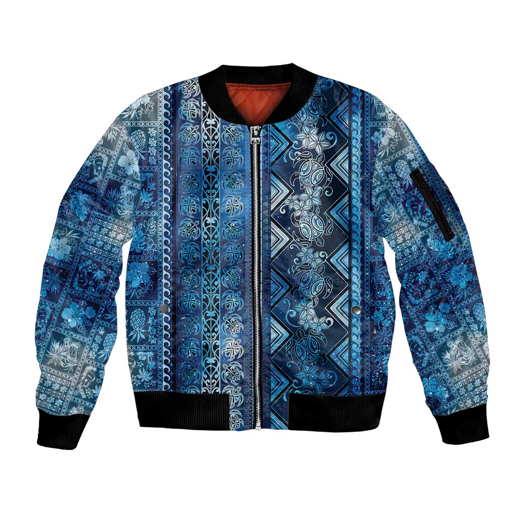 Hawaii Makahiki Turtle Sleeve Zip Bomber Jacket Galaxy Tapa Pattern - Polynesian Pride