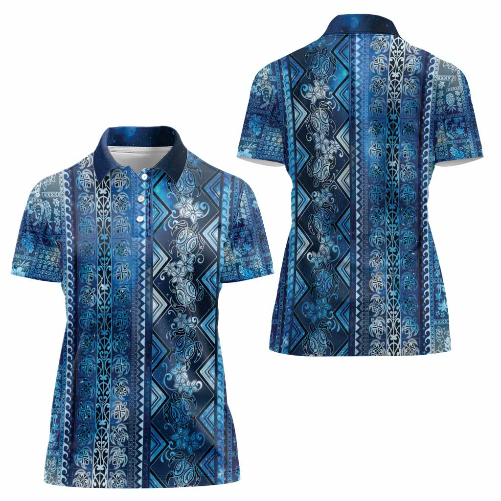 Hawaii Makahiki Turtle Women Polo Shirt Galaxy Tapa Pattern - Polynesian Pride