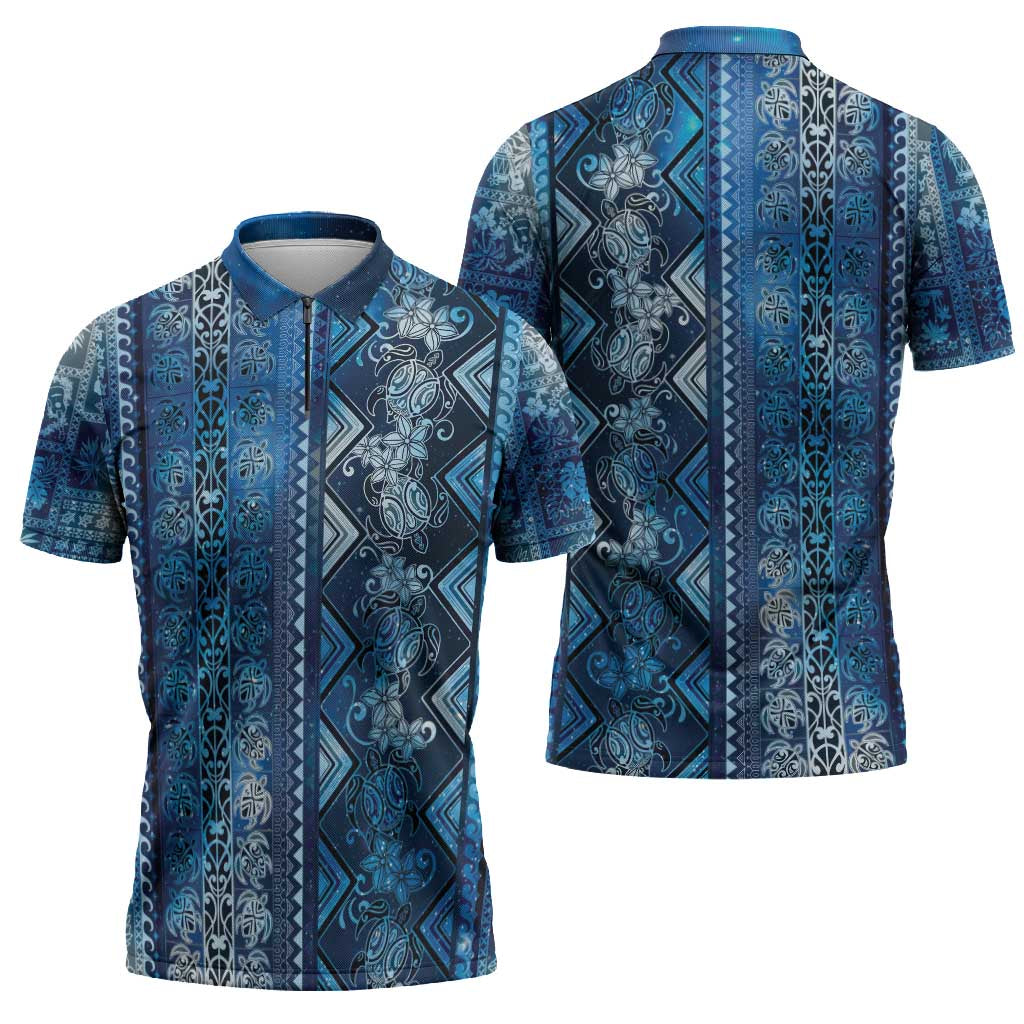 Hawaii Makahiki Turtle Zipper Polo Shirt Galaxy Tapa Pattern - Polynesian Pride