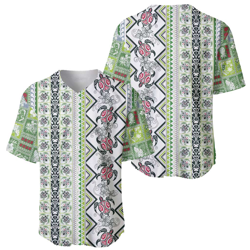 Hawaii Makahiki Turtle Baseball Jersey Green Tapa Pattern - Polynesian Pride