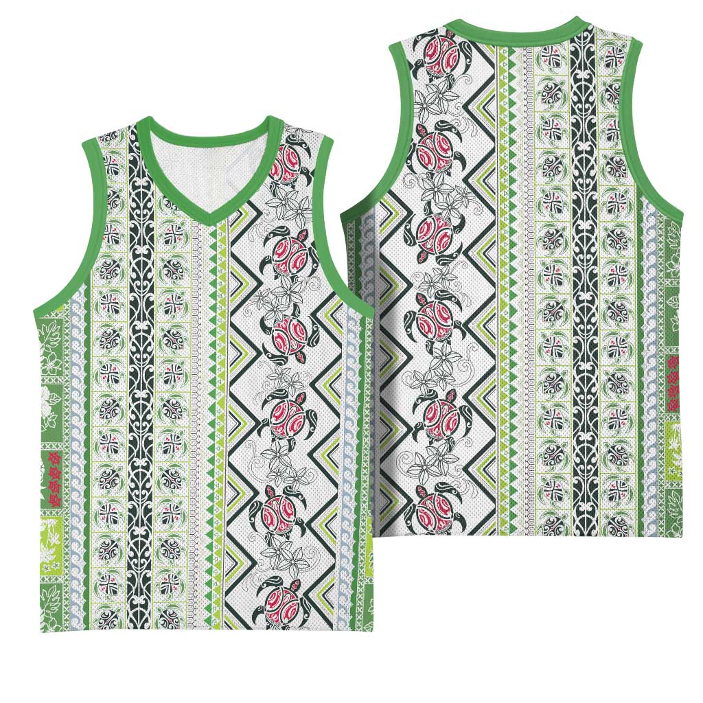 Hawaii Makahiki Turtle Basketball Jersey Green Tapa Pattern - Polynesian Pride