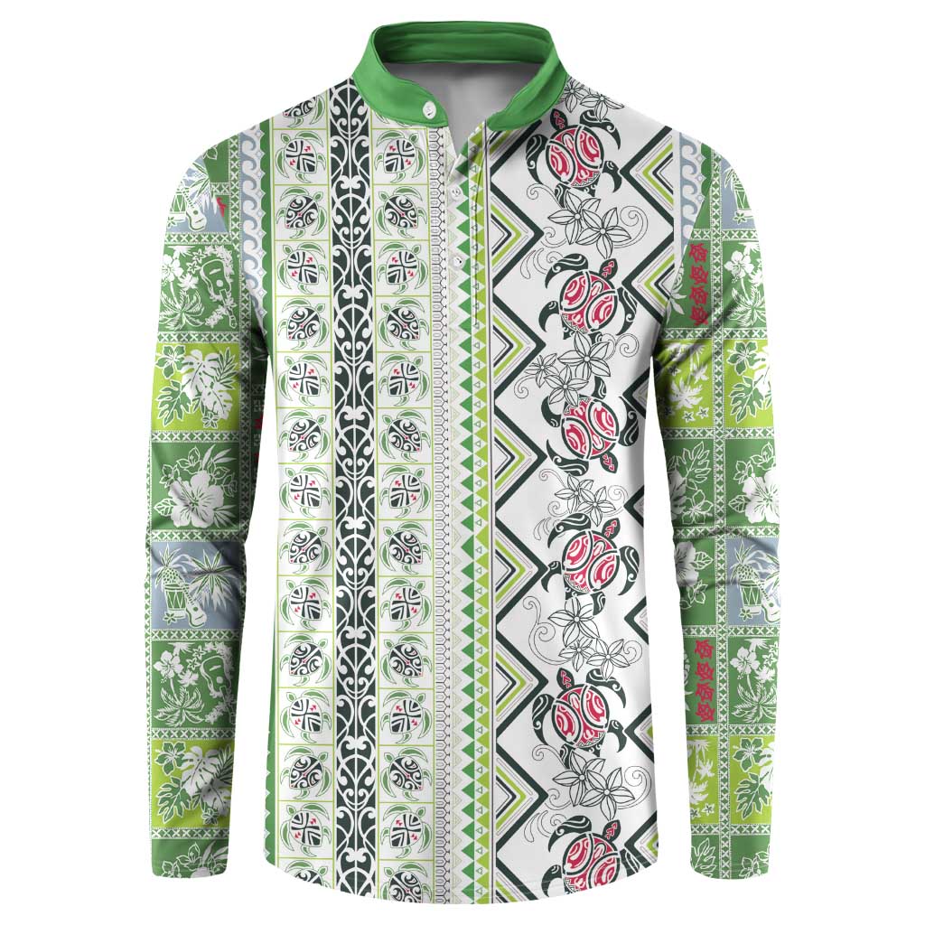 Hawaii Makahiki Turtle Button Sweatshirt Green Tapa Pattern - Polynesian Pride