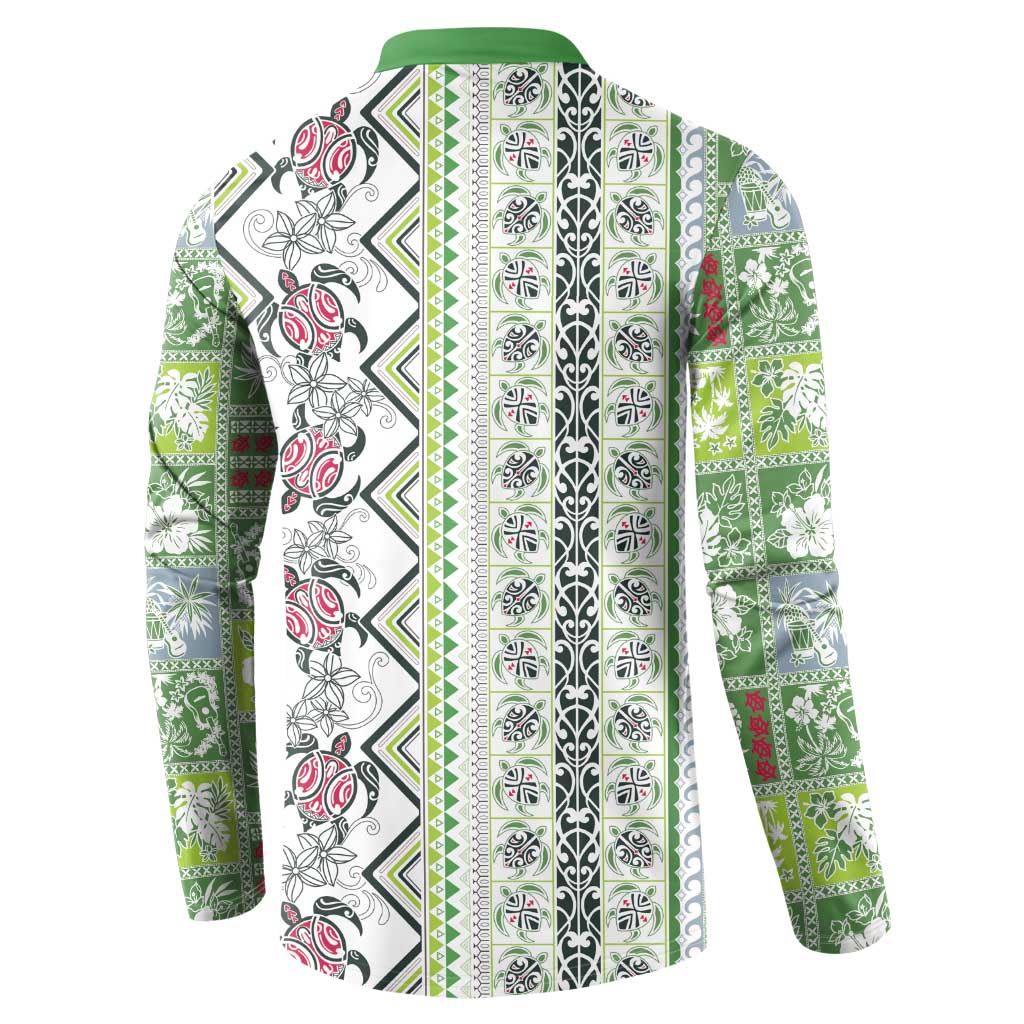 Hawaii Makahiki Turtle Button Sweatshirt Green Tapa Pattern LT05 - Polynesian Pride