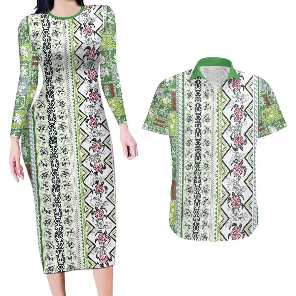Hawaii Makahiki Turtle Couples Matching Long Sleeve Bodycon Dress and Hawaiian Shirt Green Tapa Pattern - Polynesian Pride
