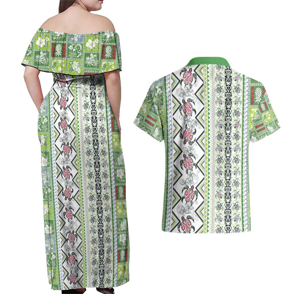 Hawaii Makahiki Turtle Couples Matching Off Shoulder Maxi Dress and Hawaiian Shirt Green Tapa Pattern - Polynesian Pride