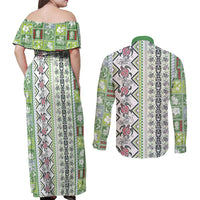 Hawaii Makahiki Turtle Couples Matching Off Shoulder Maxi Dress and Long Sleeve Button Shirt Green Tapa Pattern - Polynesian Pride