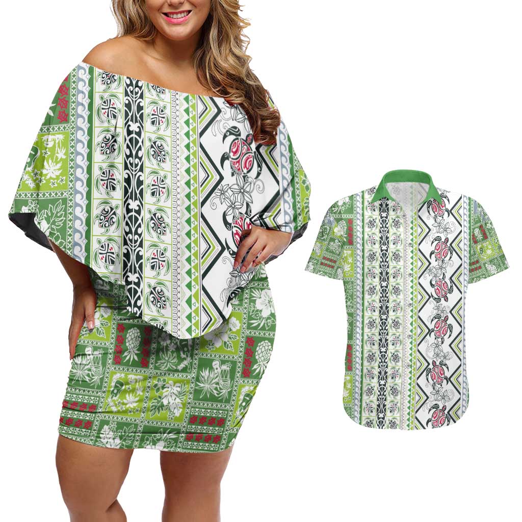 Hawaii Makahiki Turtle Couples Matching Off Shoulder Short Dress and Hawaiian Shirt Green Tapa Pattern - Polynesian Pride