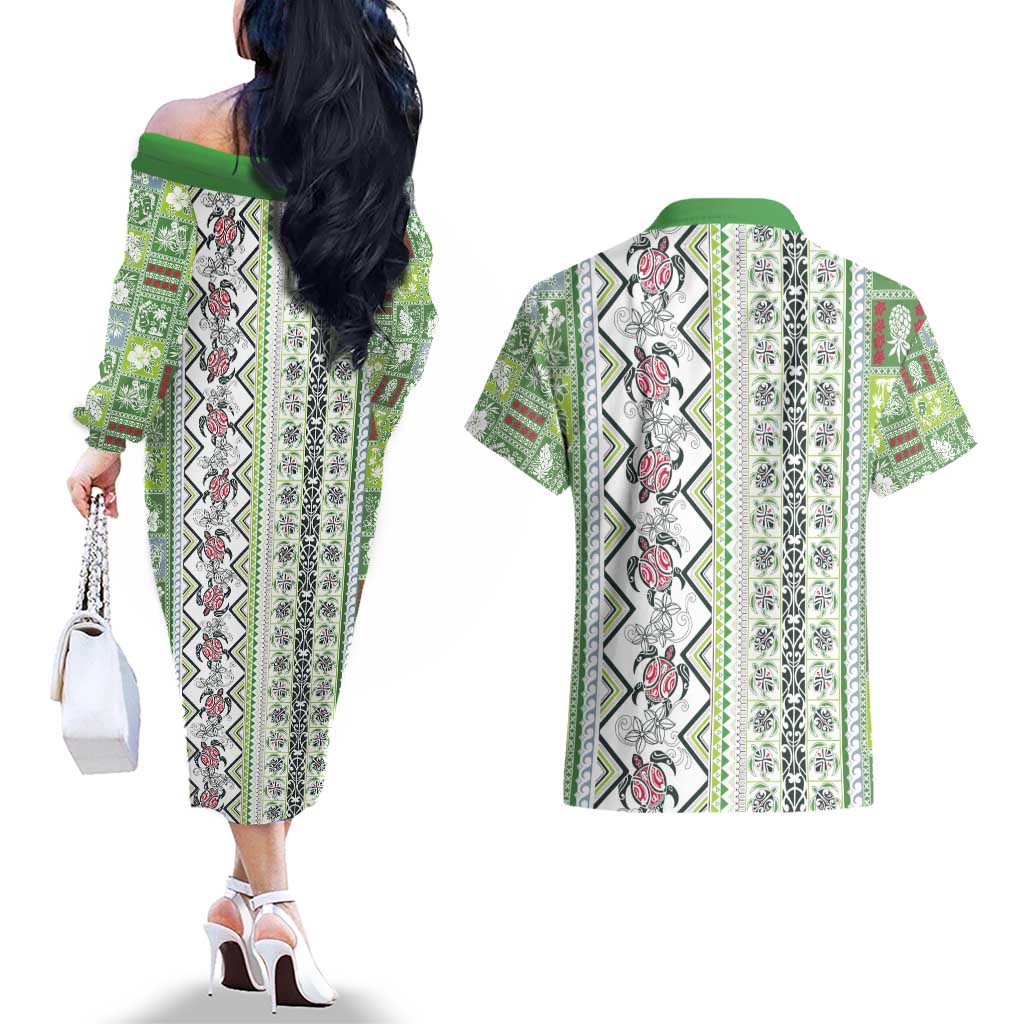 Hawaii Makahiki Turtle Couples Matching Off The Shoulder Long Sleeve Dress and Hawaiian Shirt Green Tapa Pattern - Polynesian Pride