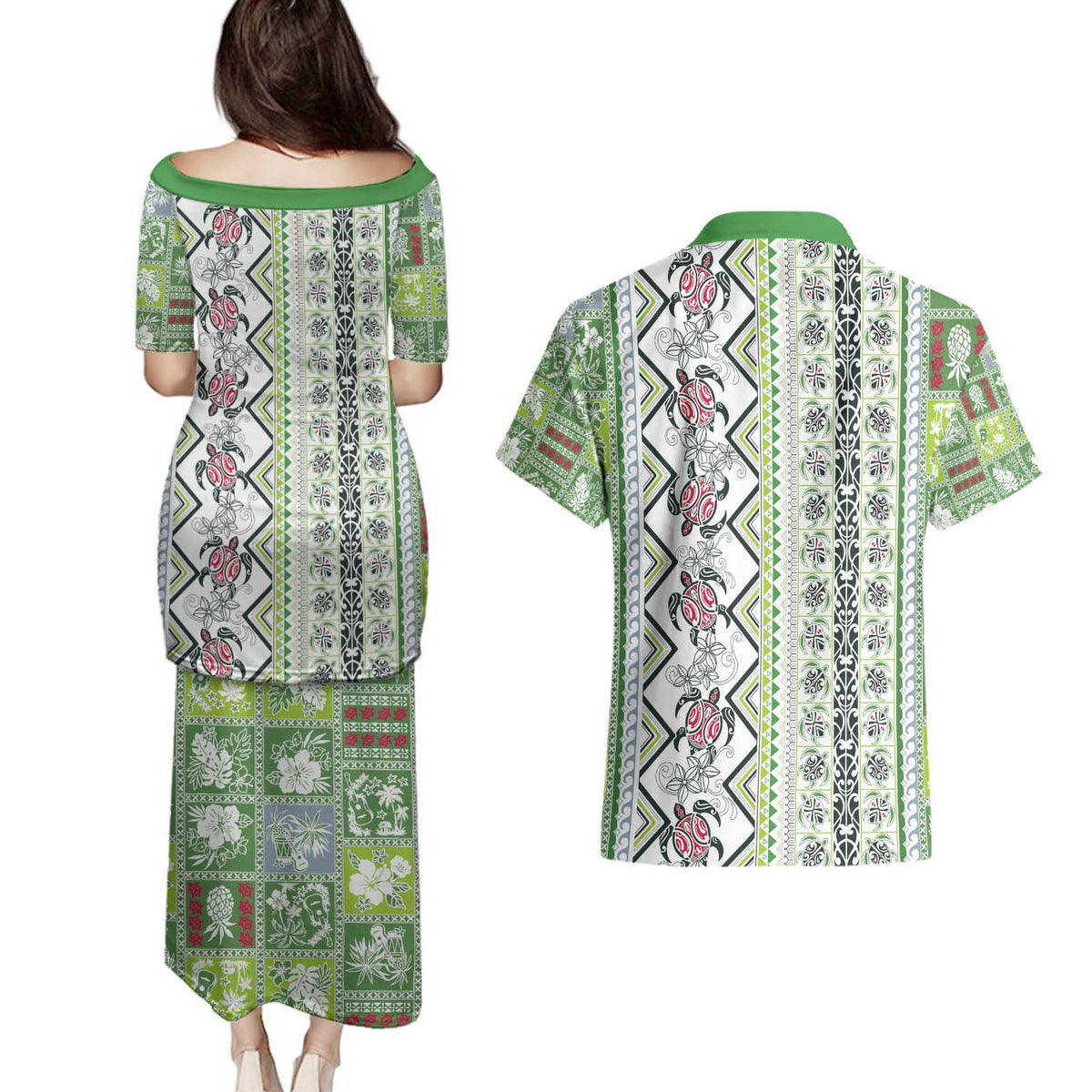 Hawaii Makahiki Turtle Couples Matching Puletasi and Hawaiian Shirt Green Tapa Pattern LT05 - Polynesian Pride