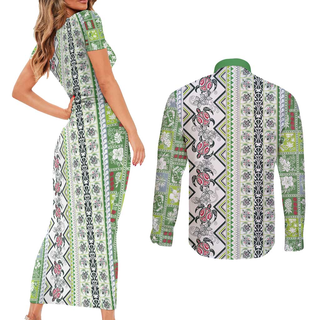 Hawaii Makahiki Turtle Couples Matching Short Sleeve Bodycon Dress and Long Sleeve Button Shirt Green Tapa Pattern - Polynesian Pride
