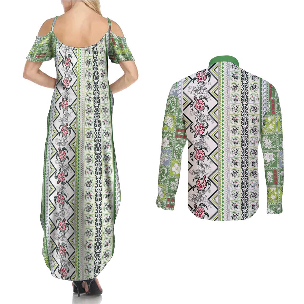 Hawaii Makahiki Turtle Couples Matching Summer Maxi Dress and Long Sleeve Button Shirt Green Tapa Pattern - Polynesian Pride